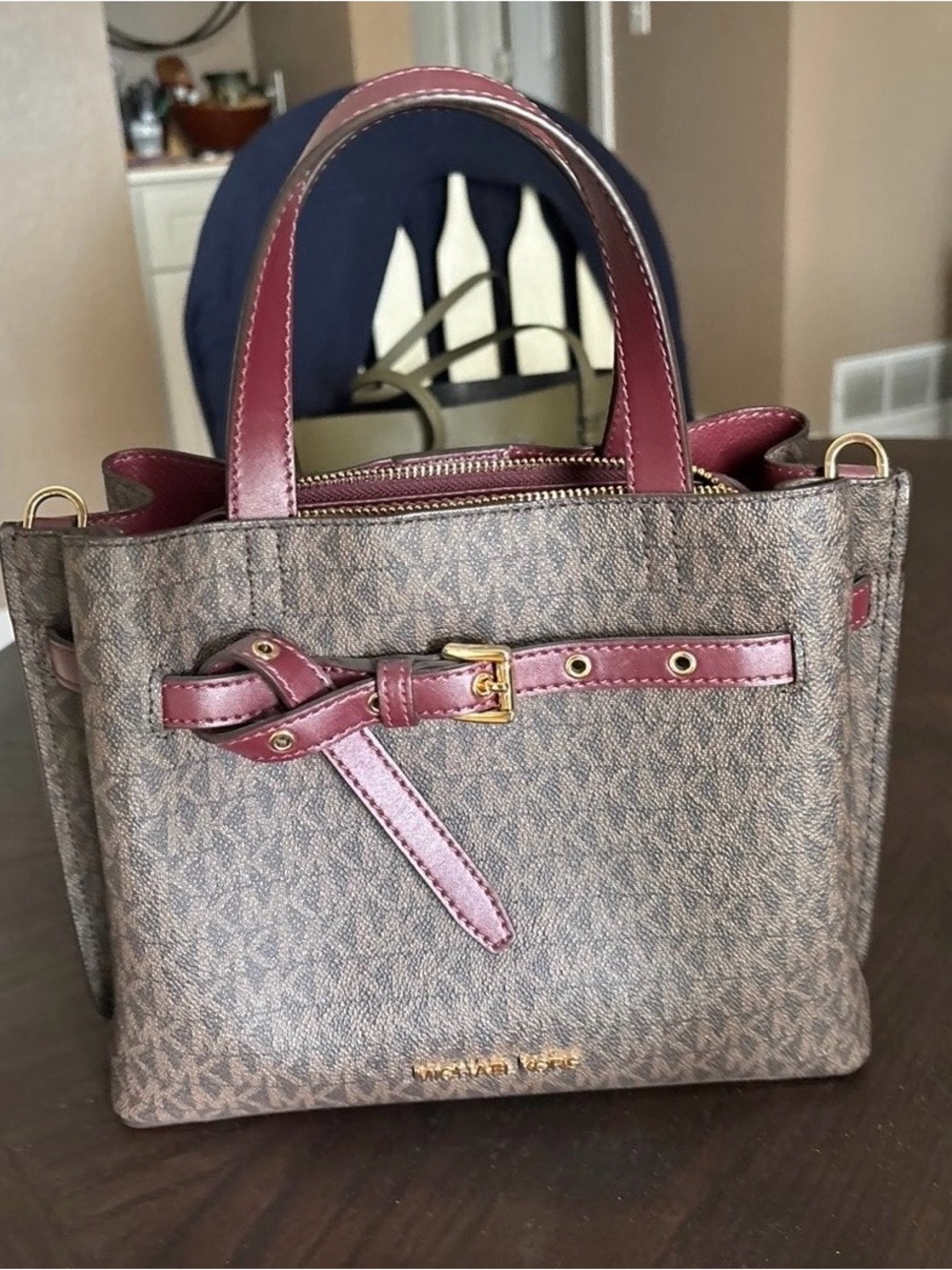 Michael Kors Emilia Small Signature PVC Satchel Bag in the Merlot